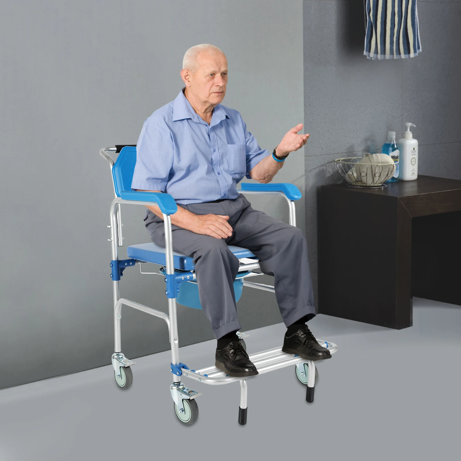 Household Toilet Chair with Handrails & Anti-Roll Foot Pedal, Elderly and Disabled Mobile Multifunctional Nursing Push Chair
