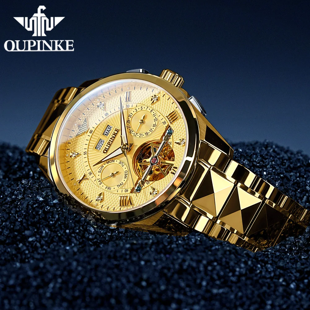 OUPINKE 3270 Official Genuine Men's Watches Skeleton Flywheel Luxury Brand Automatic Mechanical Watch for Men Swiss Certificated