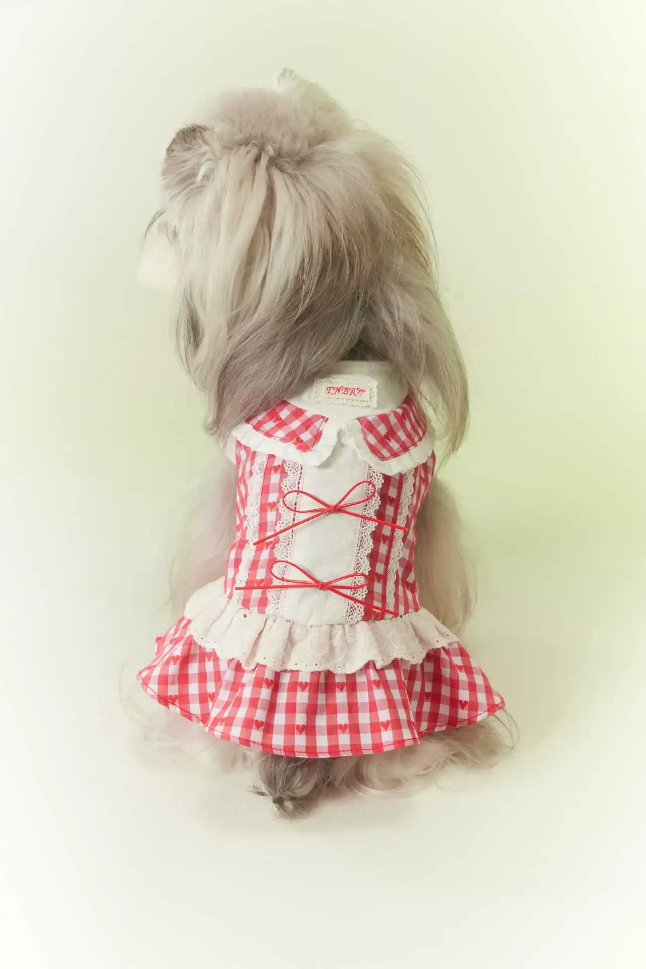 

Sweet Lolita Red Gingham Pet Dress | Heart Print Lace Dog Princess Dress with Bows for Small Breeds
