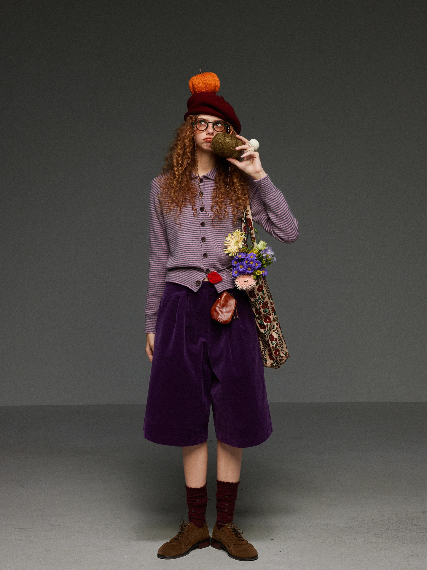 

Slim Fit Vintage Striped Knitted Cardigan Women's Outerwear Turn-down Collar Trendy Spring Autumn Purple Sweater Coat