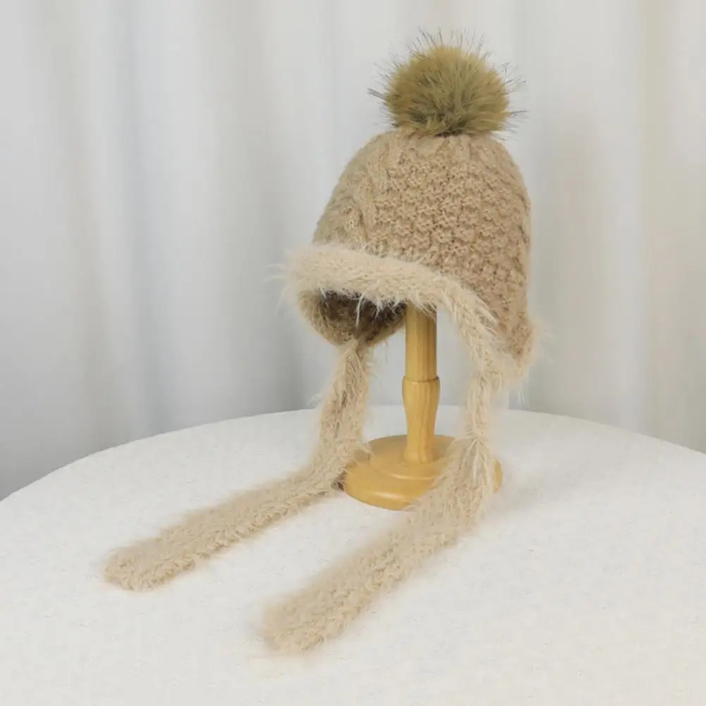 Fluffy Pom Pom Hat Women’s Knitted Earflap Hat with Fuzzy Trim Soft Warm Winter Pompom Outdoor Cycling Weather Headwear Warm