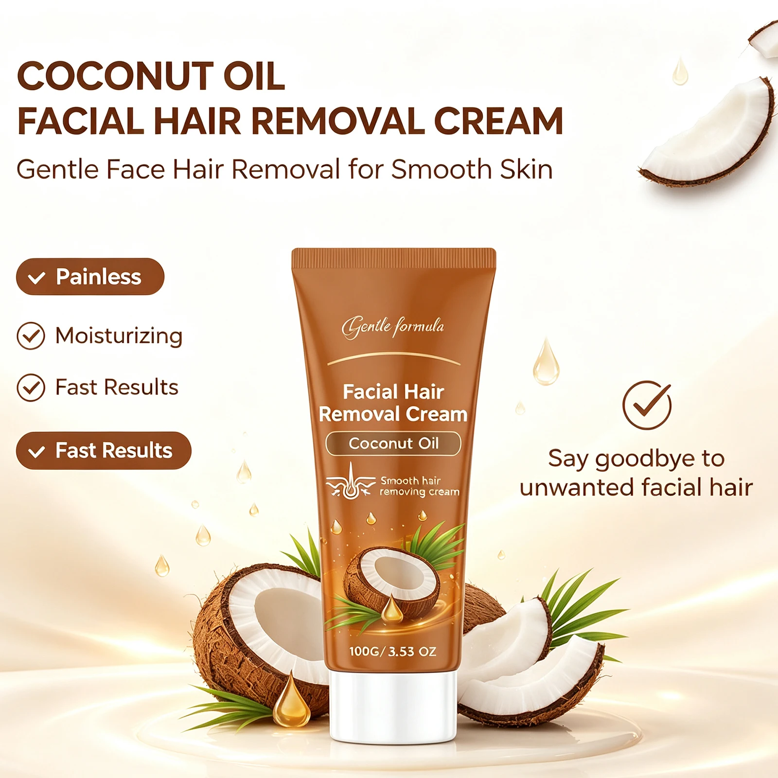 Facial Hair Removal Cream for Sensitive Skin Care Upper Lip Hair Removal Coconut Oil Moisturizing Facial Depilatory Cream 100g