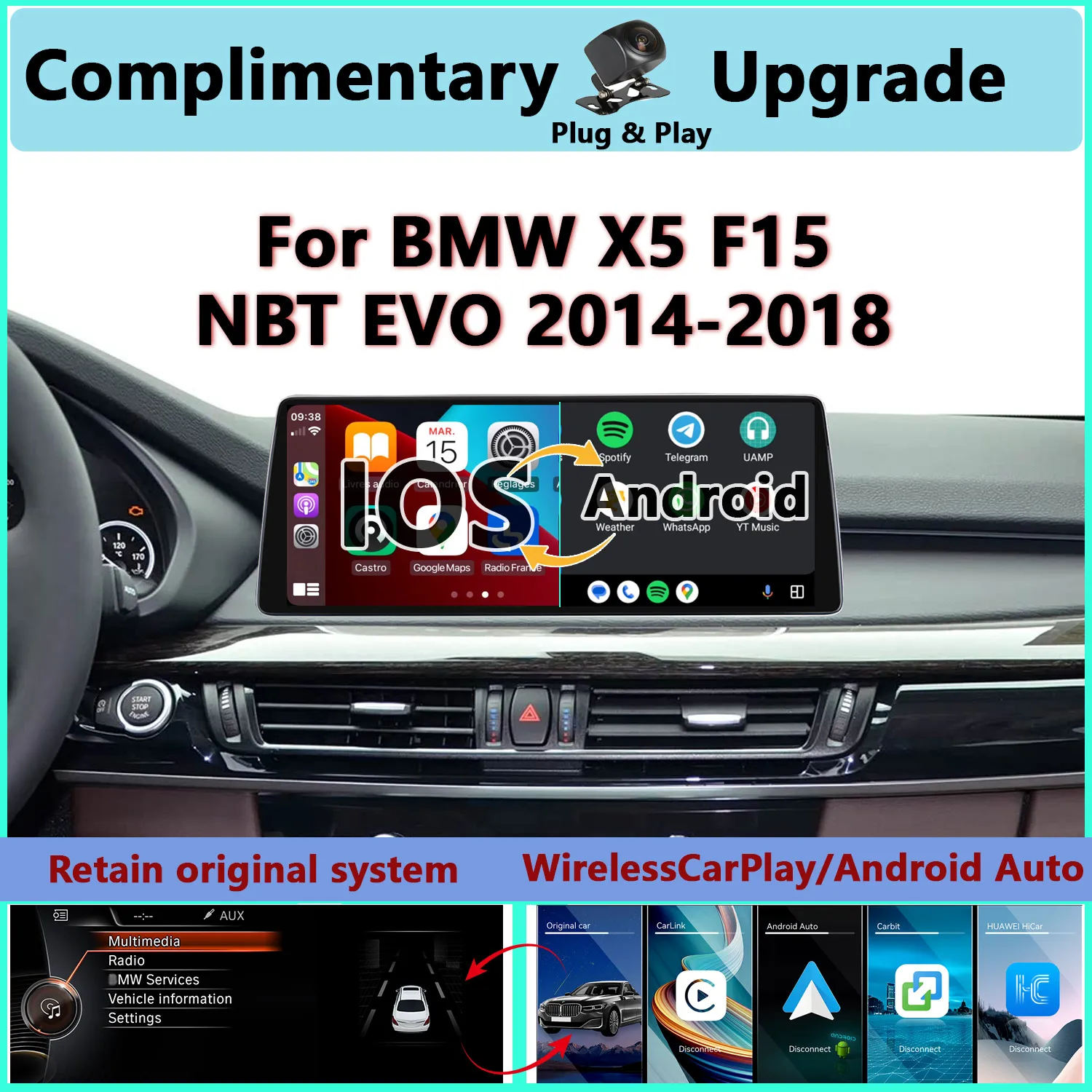 

Upgrade new For BMW X5 F15 NBT EVO 2014-2018 Wireless Carplay Android Auto Car Play Car Multimedia Player Screen 2400*900P Linux