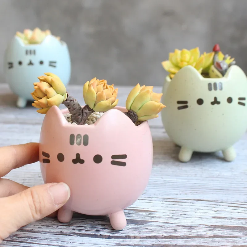 2024 Colorful Fleshy Flowerpot Cute Cat Animal Cartoon Creative Rough Ceramic Small Potted Meat Plant Mini Flowerpot