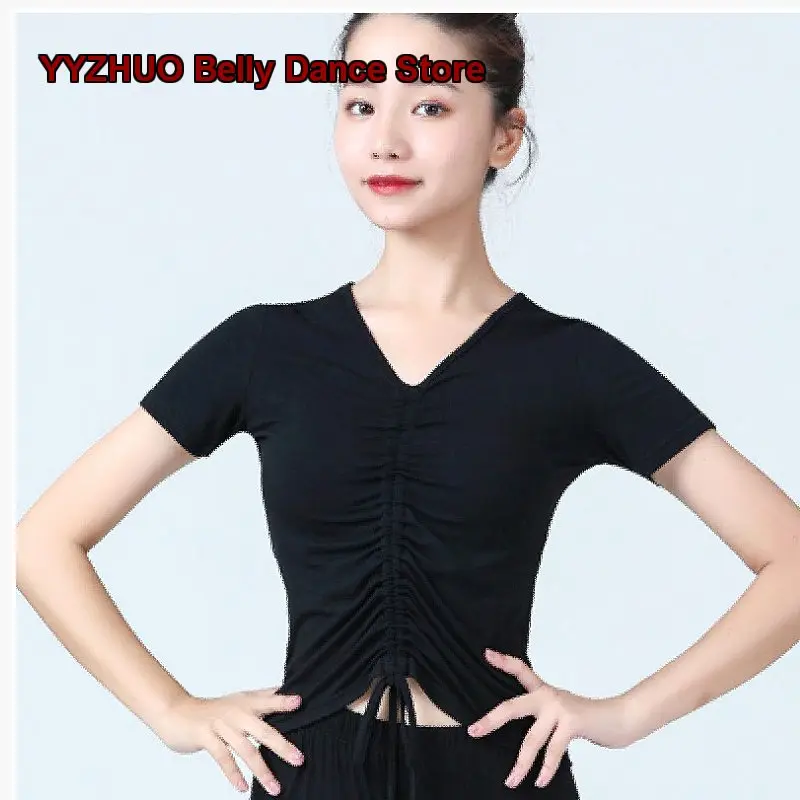 Women's Summer V-Neck Modern Posture Training Latex Dance Top with Waist-Cinching Drawstring