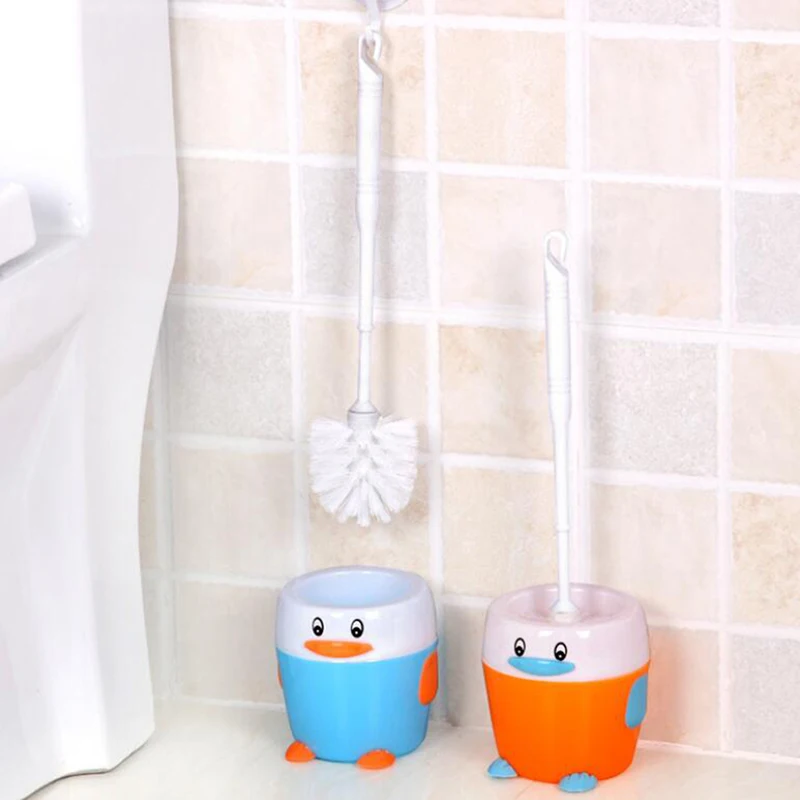 Cute Cartoon Penguin Toilet Brush and Holder Durable Bathroom Toilet Brush Plastic Cleaning Brush for Toilet Bowl, 4 Colors