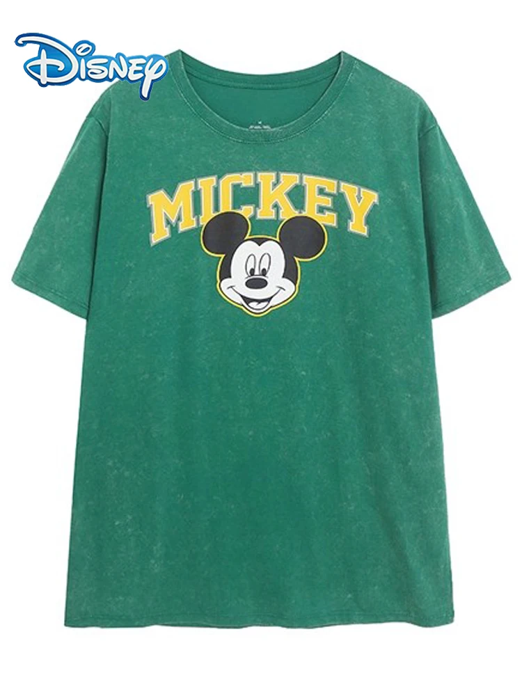 

Disney T-Shirt Front Back Mickey Mouse Letter Cartoon Print Fashion Women O-Neck Short Sleeve Washed Distressed Tee Tops Female