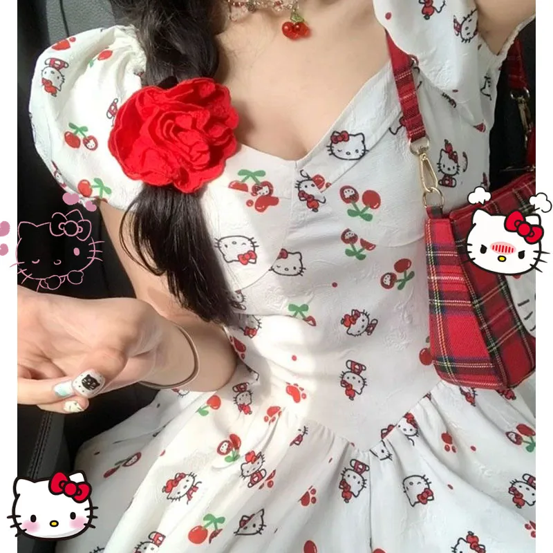 

Платье Kawaii Hello Kitty, модное милое женское летнее пляжное платье для путешествий на море, пышная юбка, аниме мультяшная Одежда для девочек, подарок на день рождения