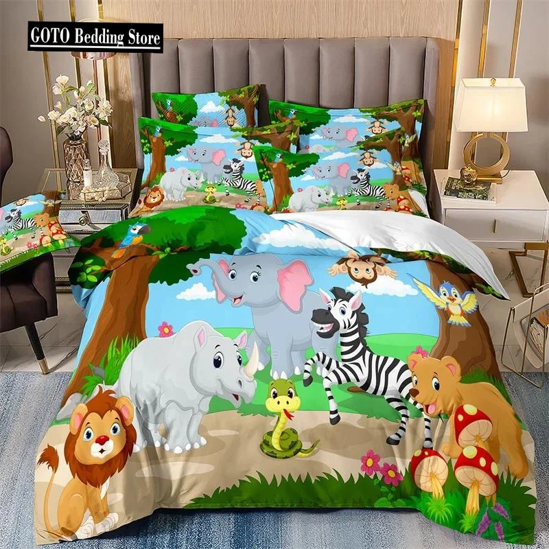 

Animal World Bedding Set for Kids, Duvet Cover, Queen Cartoon Pattern, Comforter Cover,Elephant,Tiger,Lion Bed Set for Teen Boy