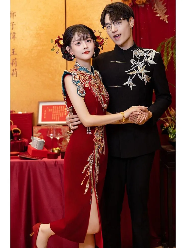 New Chinese-style heavy workwear cheongsam toasting dress bride's morning gown evening and return home are now available