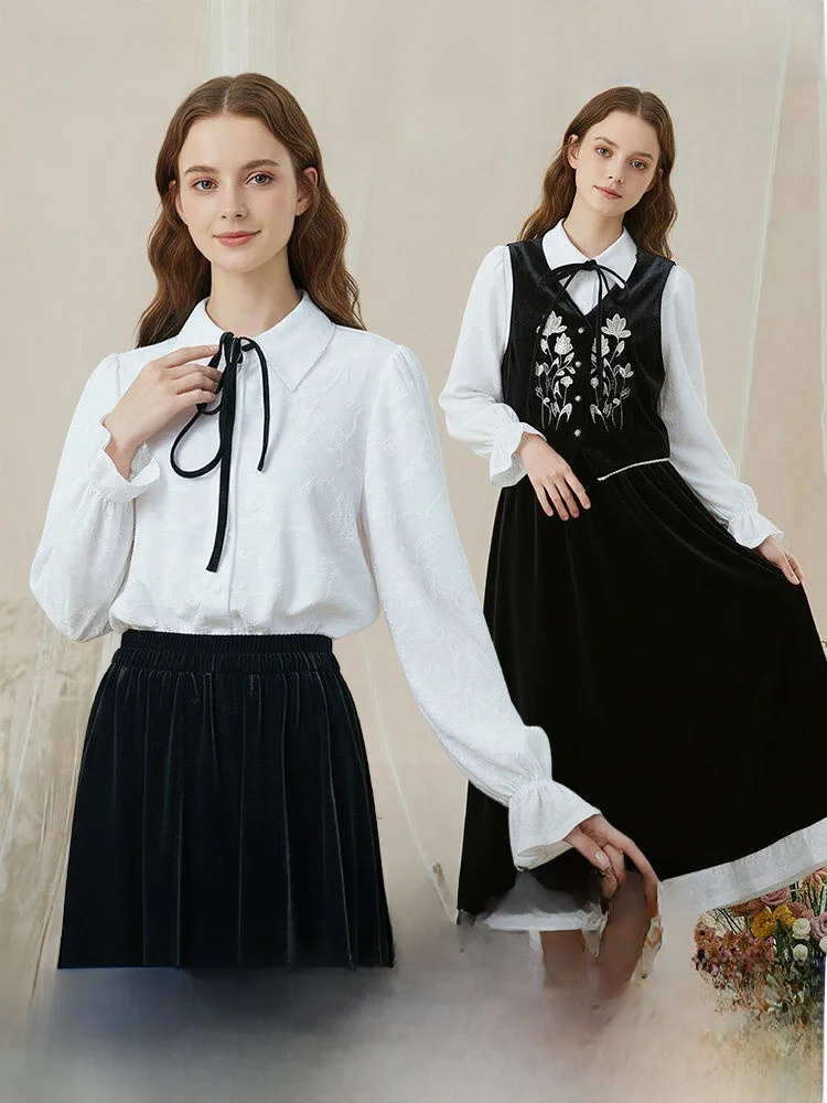 

Мягкая свободная женская блузка с длинным рукавом Morning Dew Book 2026, новая зимняя модель с вышивкой и поясом, из смесового полиэстера