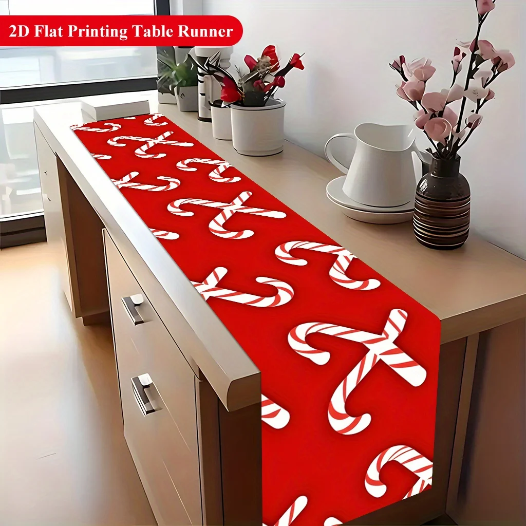 2D Flat Printing 1pc Christmas Candy Cane Pattern Rectangular Table Runner, Polyester Table Decor for Dining Table Coffee Table