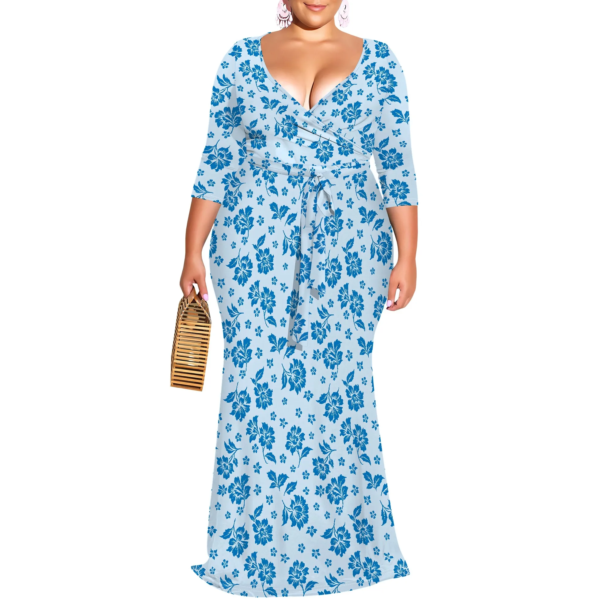 Floral Dress for Women Summer Casual V-Neck 3/4 Sleeve Wrap Tunic with Belt Sundress Flowy Long Maxi Dresses