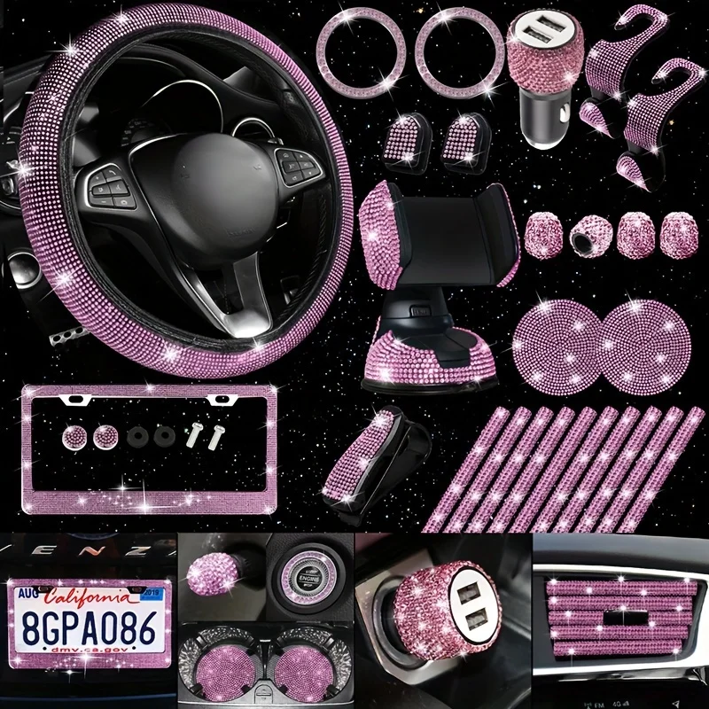 

27pcs Women Car Accessories Set Steering Wheel Cover Universal Fit 15 Inches License Plate Frame Mobile Phone Holder Car Coaster