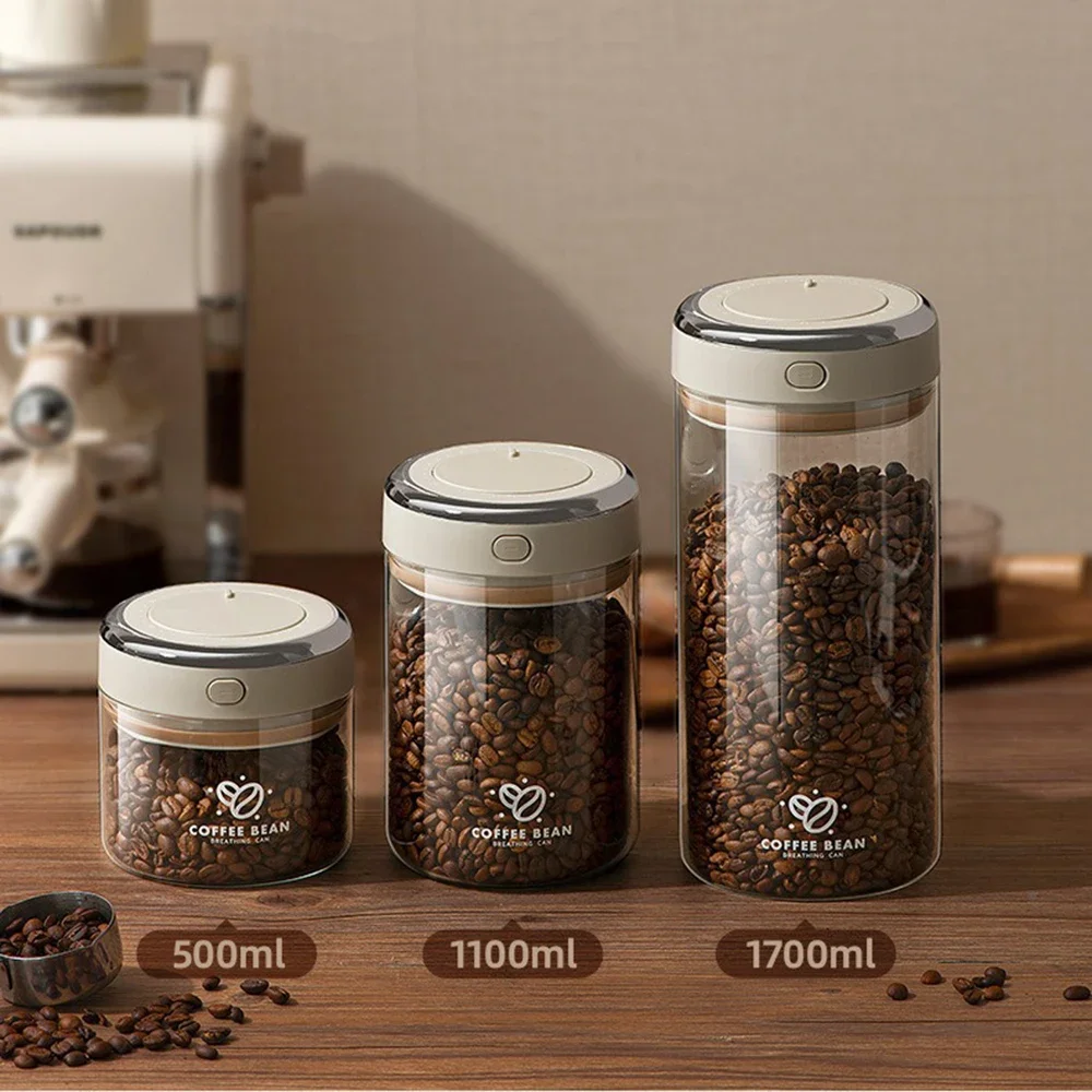 Coffee Bean Sealed Jar 500/1100/1700ml Vacuum Food Freshness Can Household Tea Dried Fruit Glass Storage Jar Barista Accessories