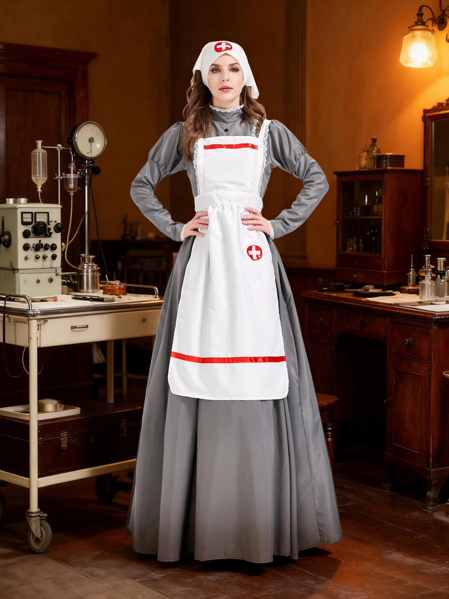 Victorian Nurse Costume Halloween Performance Red Cross Medical Theme Stage Play Outfit Polyester Fiber 100% Women's Fashion
