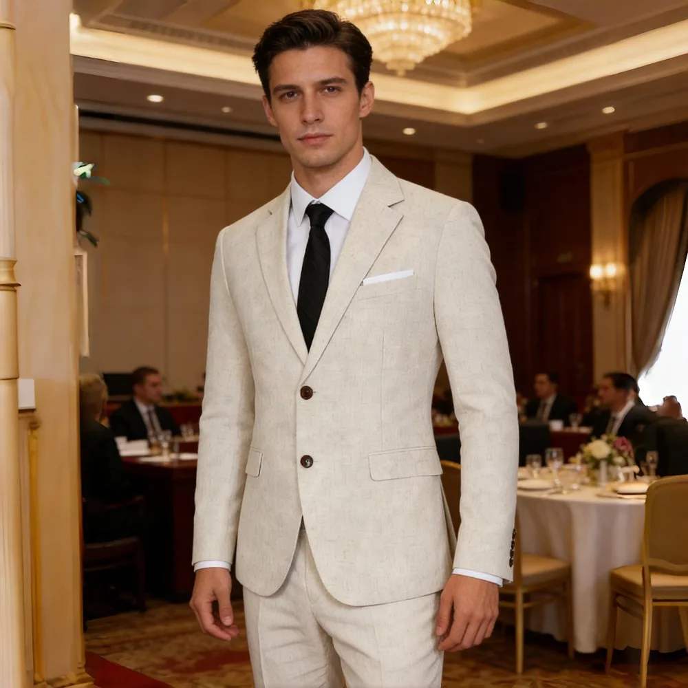 

Бежевый льняной свадебный костюм-двойка для мужчин: летний приталенный пиджак и брюки для пляжной вечеринки (traje americana hombre)