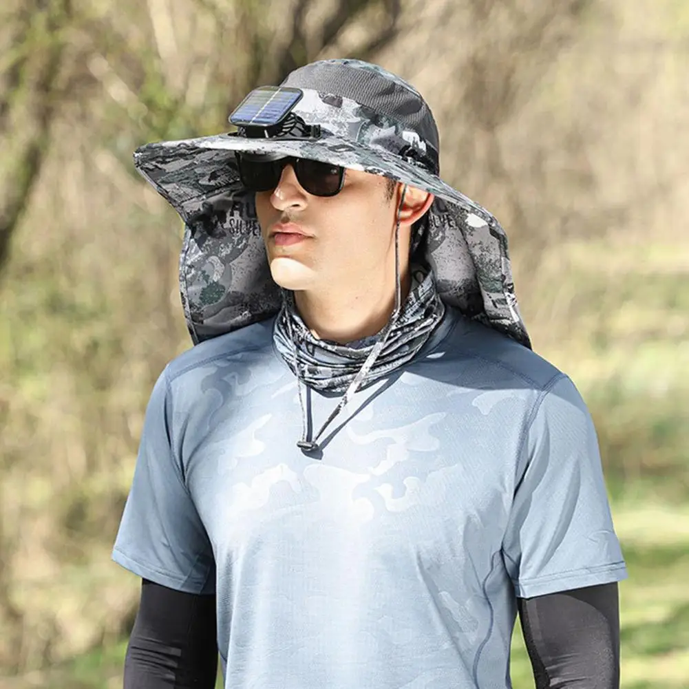 قبعة رجالية جديدة ذات حافة واسعة تعمل بالطاقة الشمسية للحماية من الشمس قابلة للتعديل في الهواء الطلق على الشاطئ قبعة صيد للمشي لمسافات طويلة واقية من الشمس