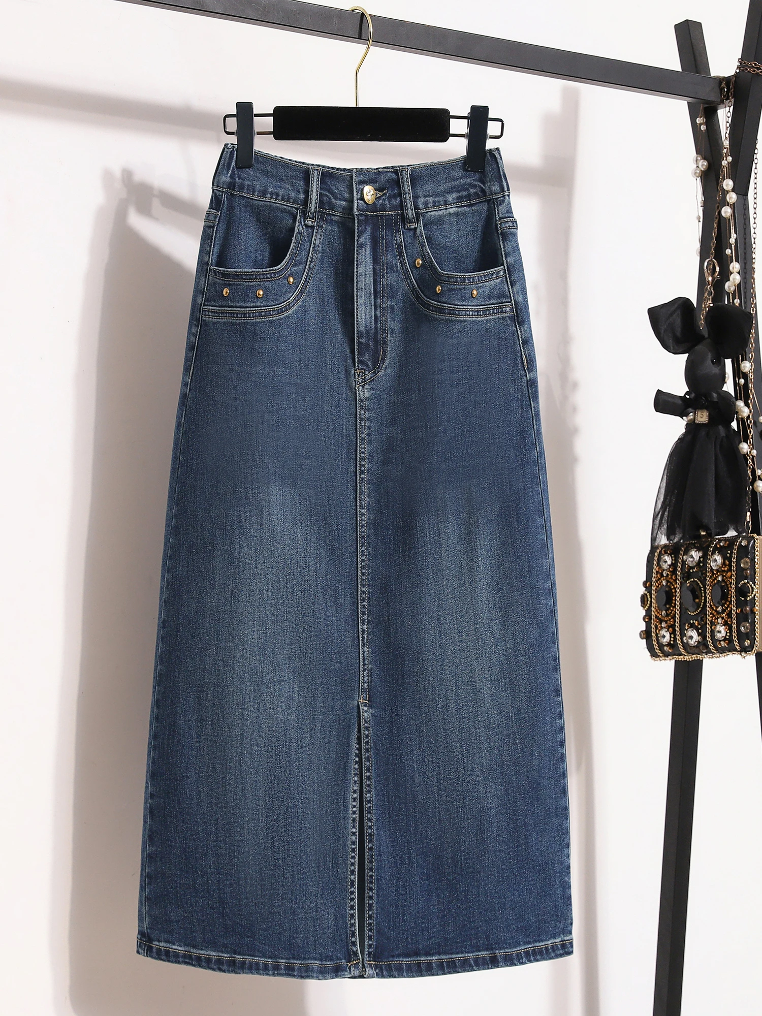 

High Waist Slit Denim Skirt Elastic plus Size Women's Busin Casual High Waist Skirt Mid-Length Bodycon Skirt