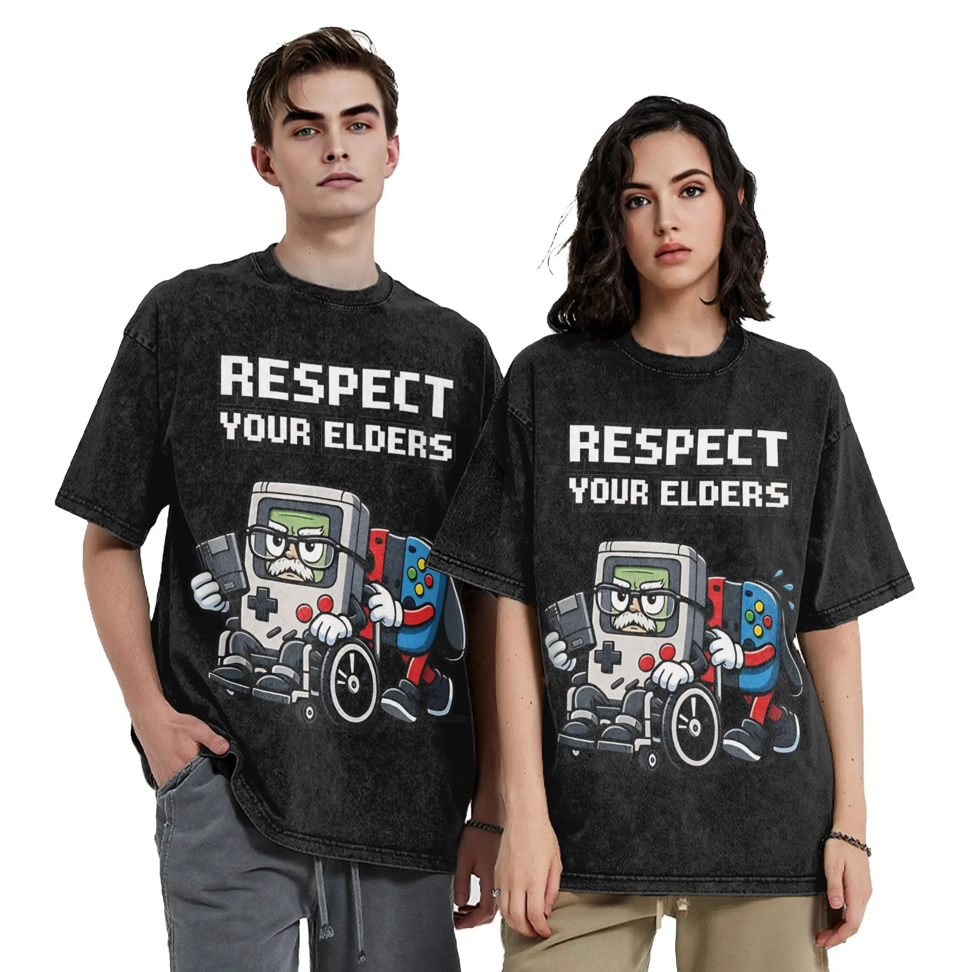 Funny Respect Your Elders  Vintage Washed Tshirt Unisex Crewneck Tops Shirts Gaming Control  100%Cotton Summer Clothes