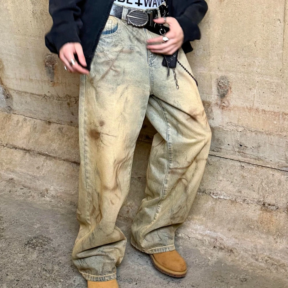 

Latui Atelier Fashion Denim Jeans ROSE Stained Vintage Cutout Denim Jeans Wide Pants for Men and Women