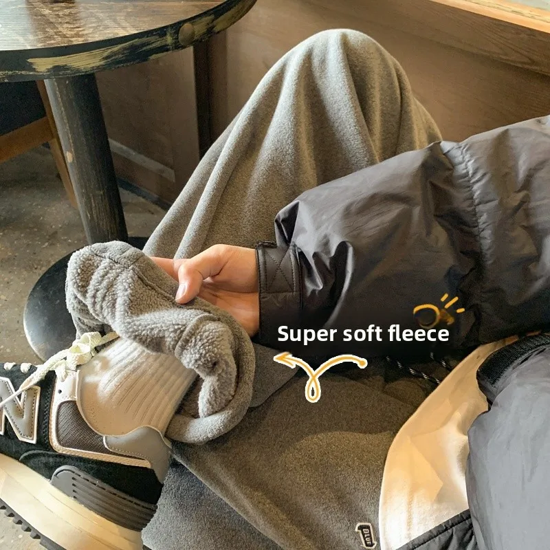 

Men's Fce Lined Casual Pants Thiened American Sle Lamb Velvet Loose Fit Straight Leg Winter Leisure Long Trousers