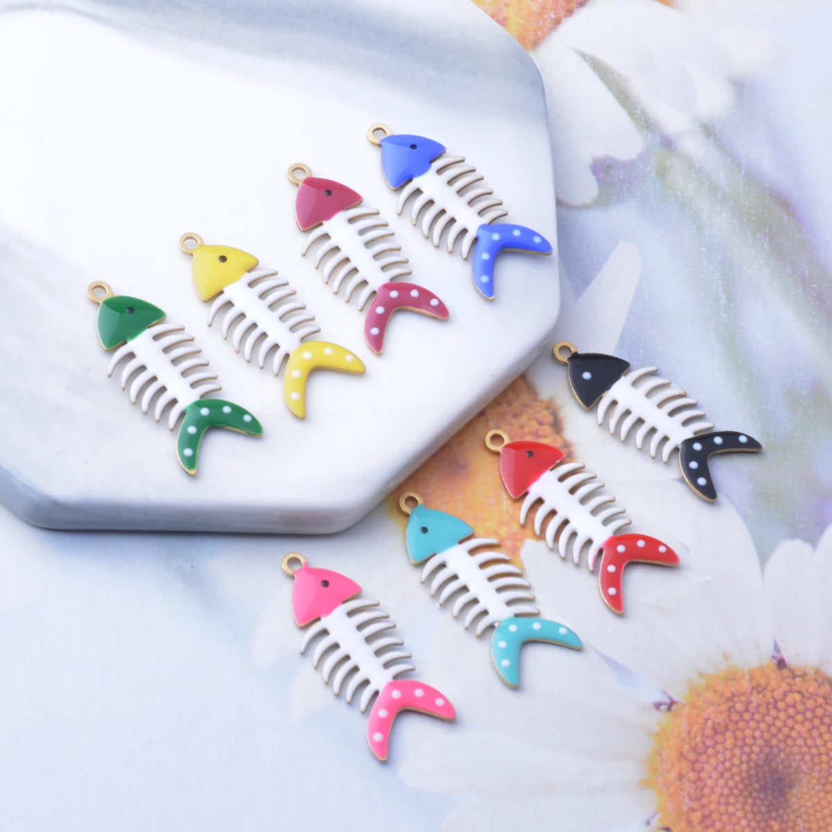 6 Stück 28*11mm Beidseitig emaillierte Kupfer-Fischgräten-Anhänger mit Öltropfen-Design für DIY-Schmuck- und Ohrringherstellung – Detail 1