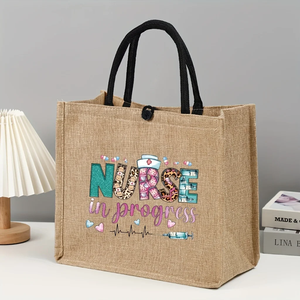 Nurse Theme Linen Fabric Shoulder Storage Bag Jute Handbag Tote Bags Aesthetic Reusable Beach Sundries Storage Bag