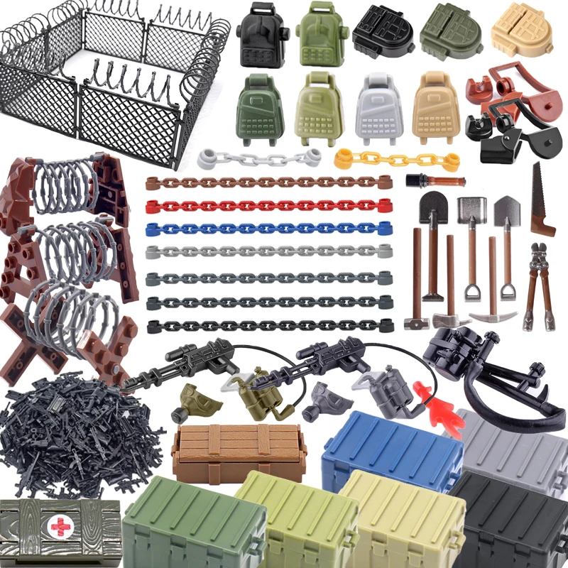 MOC WW2 Military Army Soldier Figures Building Blocks Guns Backpacks Waffen Case Wire Mesh Fence Chain Accessory Brick Toy Gift