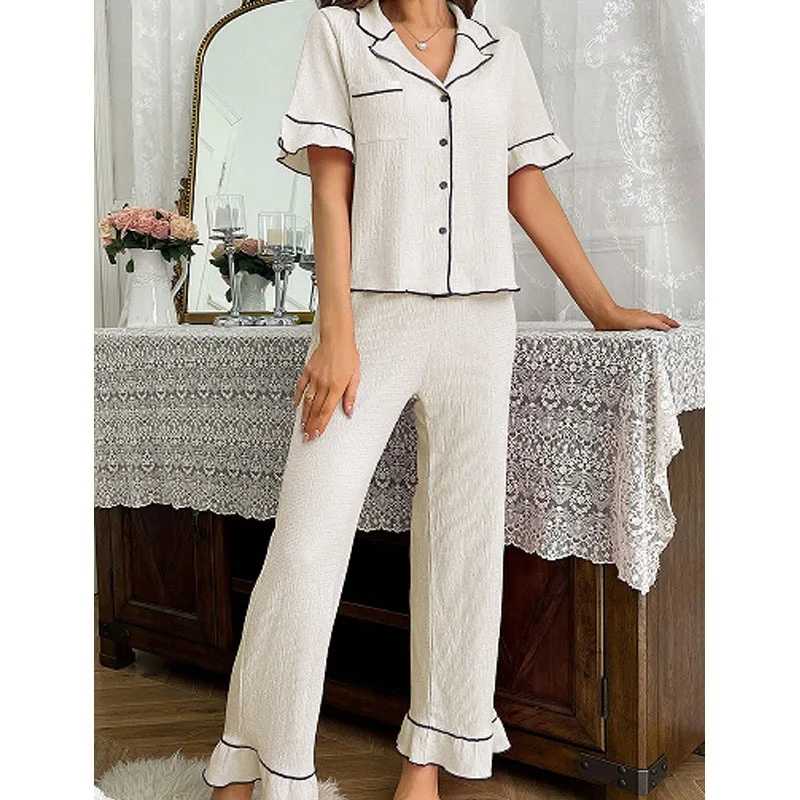 2026 Spring Summer Women's Pajama Set, Stylish Lapel Button Down Short Sleeve Top with Trousers Comfortable Loungewear XL Size