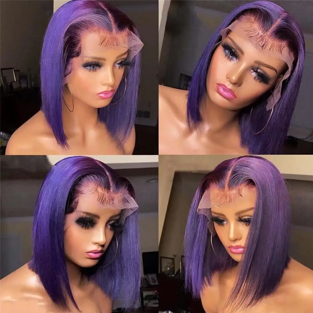 Roxo escuro bob perucas dianteiras do laço cabelo humano colorido 13x4 laço frontal curto em linha reta roxo bob peruca pré arrancado com cabelo do