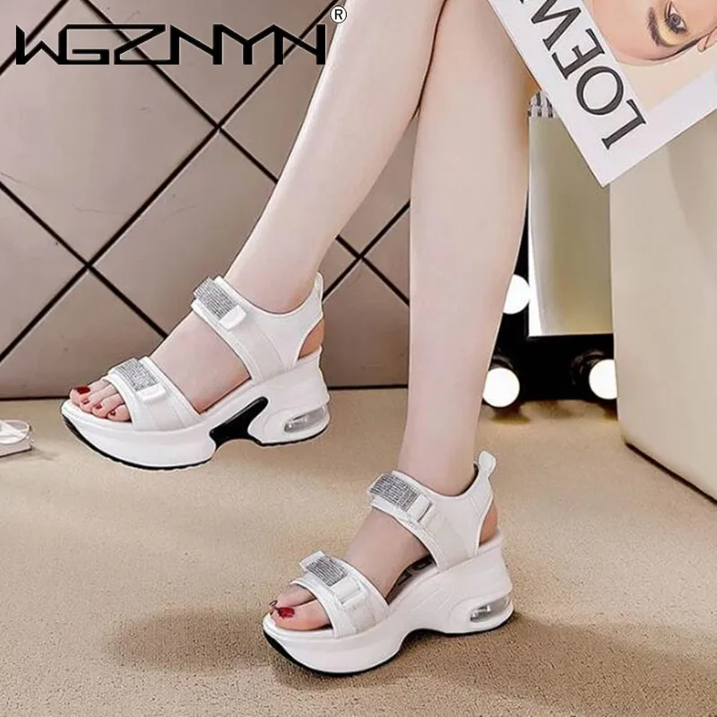 

Rhinestone 8CM 2024 New Genuine Leather Sandals Women Elevator Shoes Comfy Fashion Summer Platform Wedge Ladies Hook&Loop Shoes