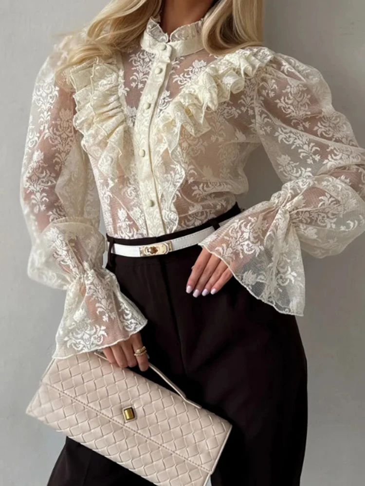 

Spring High Neck Button Ruffle Blouse Chic Sexy Embroidery Lace See-through Top for Women Summer Flare Sleeve Hollow Boho Shirts