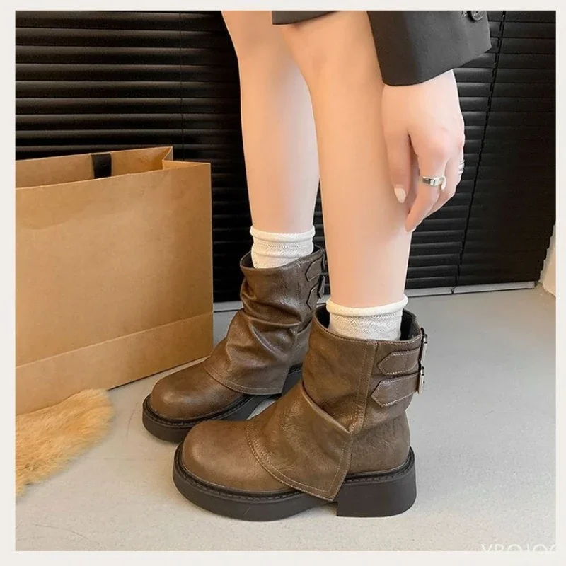 Herbst Winter minimalistische, bequeme Damenschuhe mit dickem Absatz, Plateau-Damenstiefel, modische, vielseitige, rutschfeste kurze Stiefel. – Detail 6