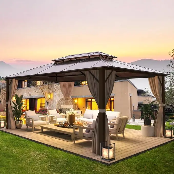 Sustainable Waterproof Outdoor Garden Gazebo Aluminium Frame Permanent Gazebo Hard-roofed Pavilion with Curtains