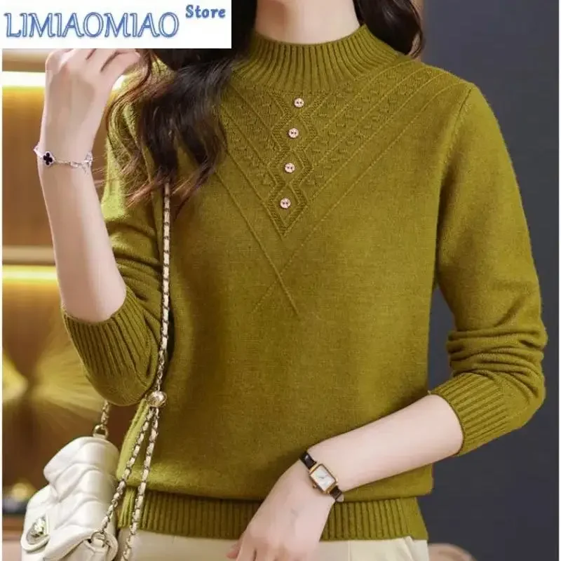

Women's Clothing Solid Color Long Sleeve Sweater Knitted Button Screw Thread Pullover Autumn Winter Half High Collar Tops
