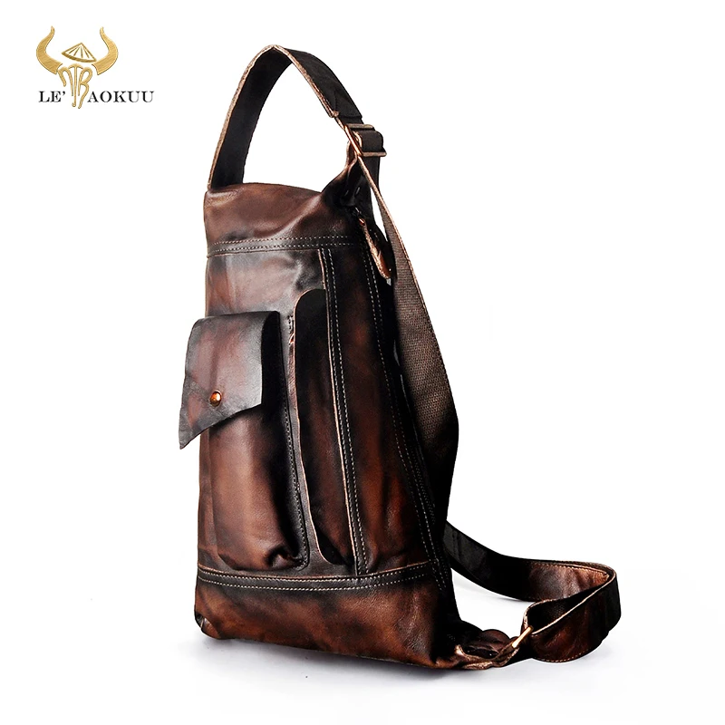 

Hot Sale Soft Original Leather Men Vintage Travel Triangle Chest Sling Bag Design 9" Tablet One Shoulder Bag Day-pack Male 2329