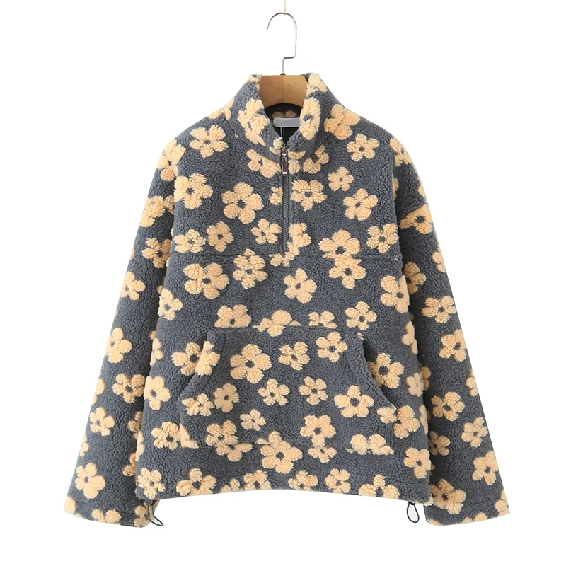 YENKYE Lambswool Floral Sweatshirt For Women High Neck Long Sleeve Autumn Winter Warm Coat Loose Pullover Tops