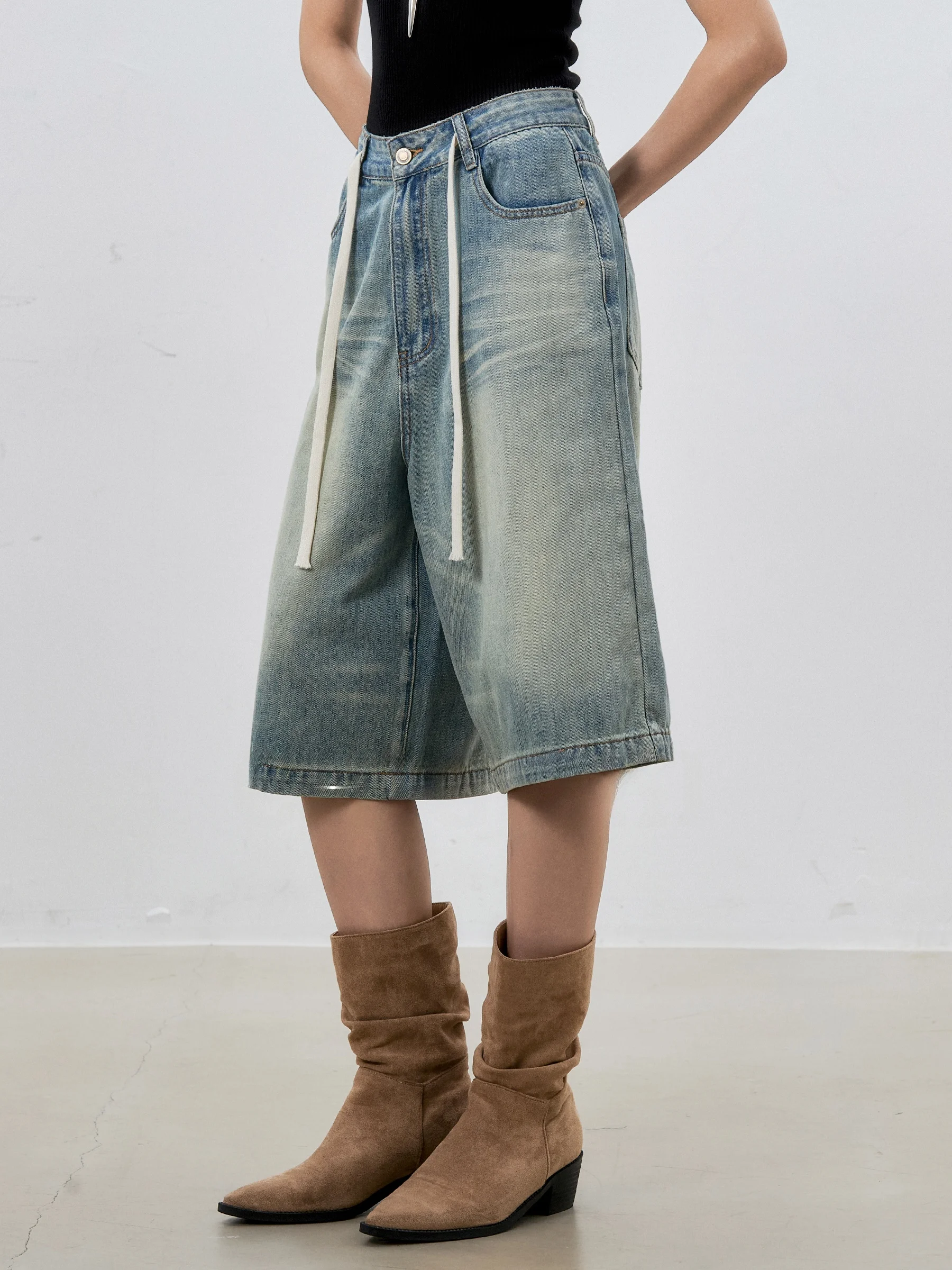 High Waist Wide Leg Seven-Foot Drawstring Denim Jeans Women's Loose Fit Comfortable Lazy Style Blue Gradient Retro CHIC ZHI