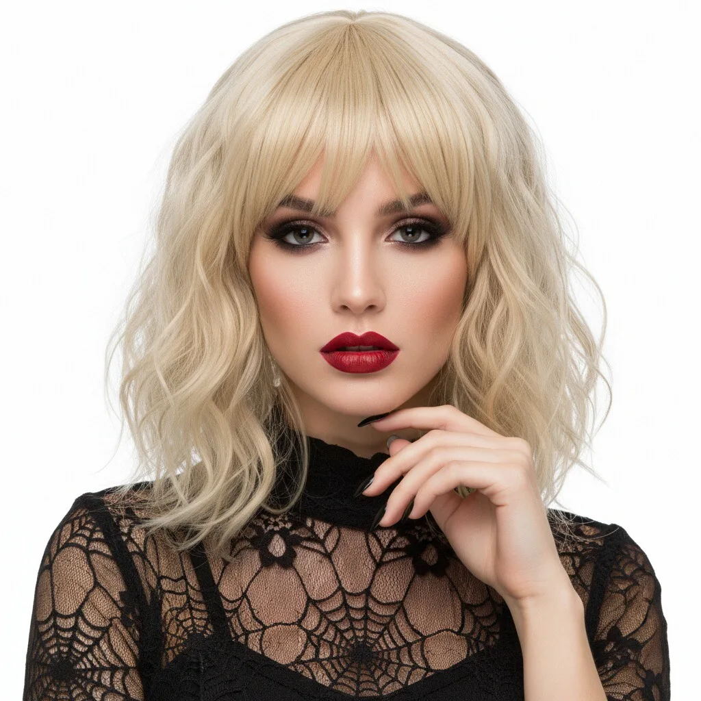 

Короткий волнистый синтетический парик блондинка с челкой для женщин, термостойкий, естественный вид для Хэллоуина, косплей, повседневный гламурный вид