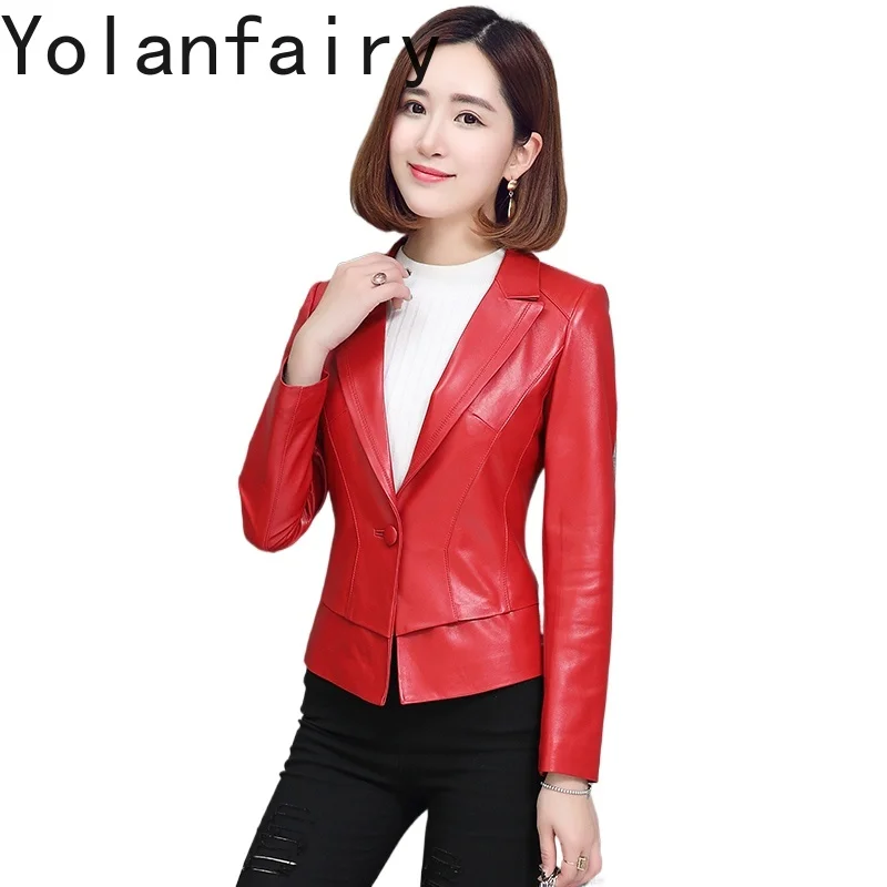 YOLANFAIRY Nuovo 2025 Vera Pelle di Pecora Giubbotti di Pelle da Donna Slim-fit Cappotto del Vestito Breve Giacca di Pelle Genuina Donna Casaco Feminino