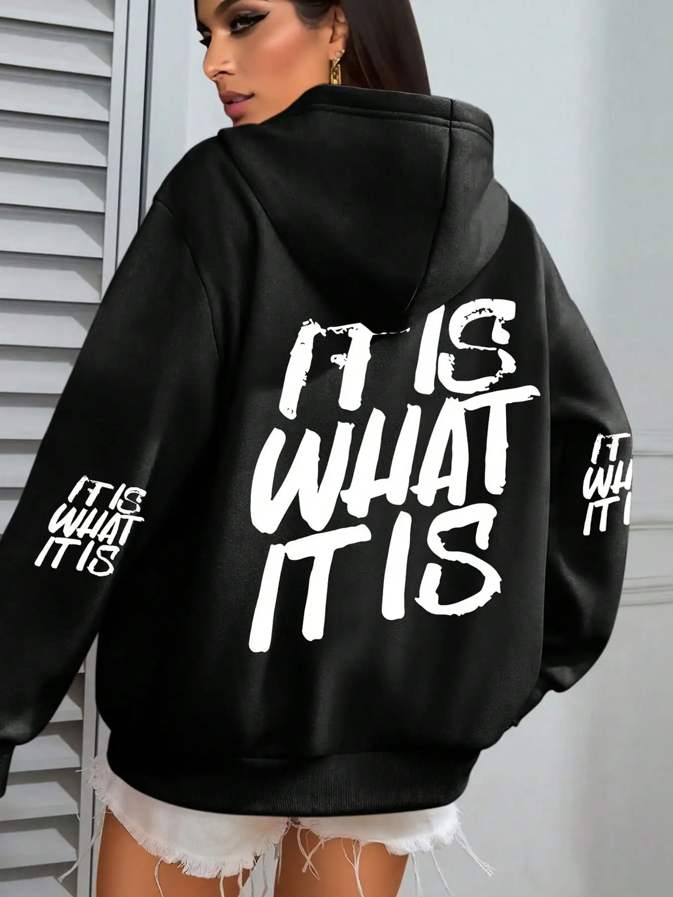 

Женская толстовка больших размеров с графическим принтом «It Is What It Is», карманами и завязками, свободная повседневная толстовка для осени и зимы