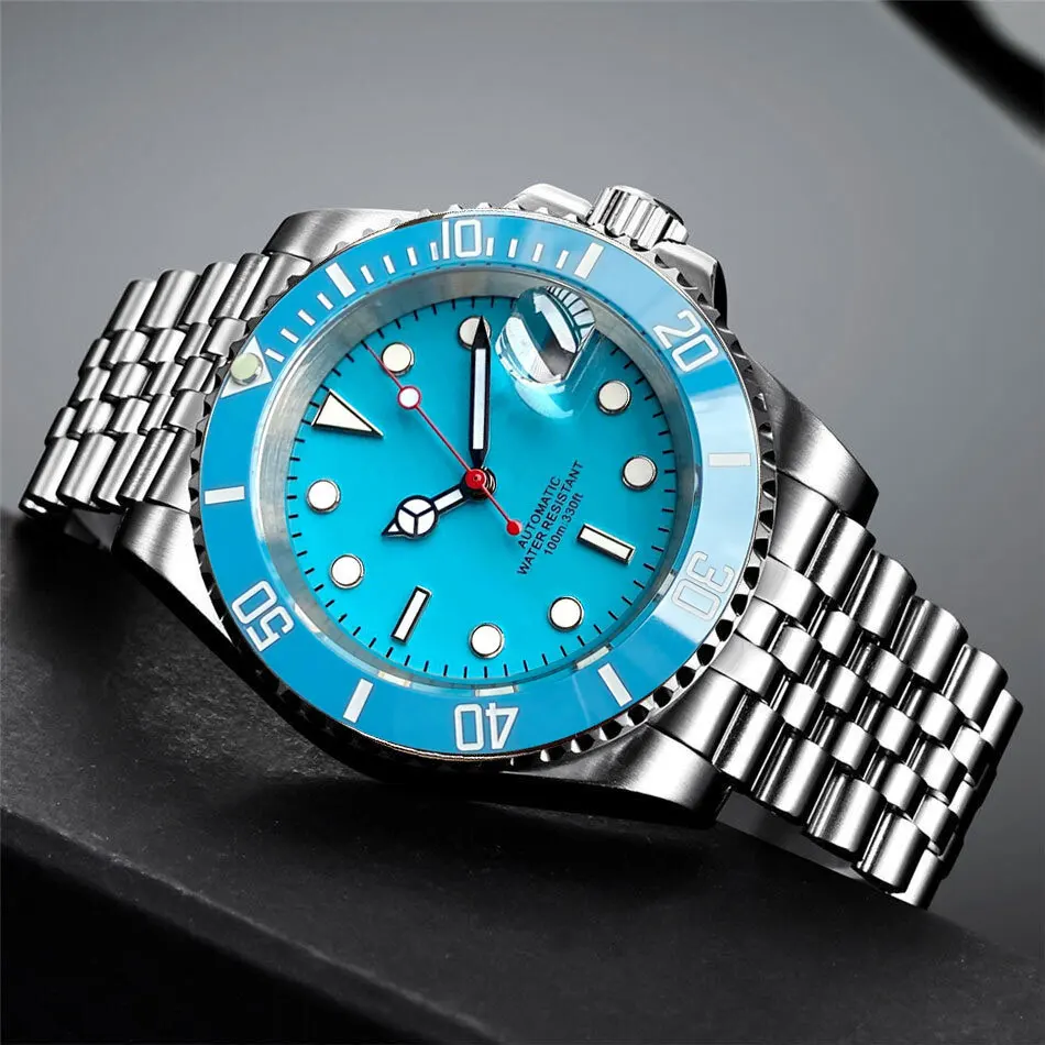 40mm NH35 Diver SUB Automatic Men Watch Ice Blue Dial 200m Waterproof Stainless Steel Case Ceramic Bezel  Jubilee Oyster Band