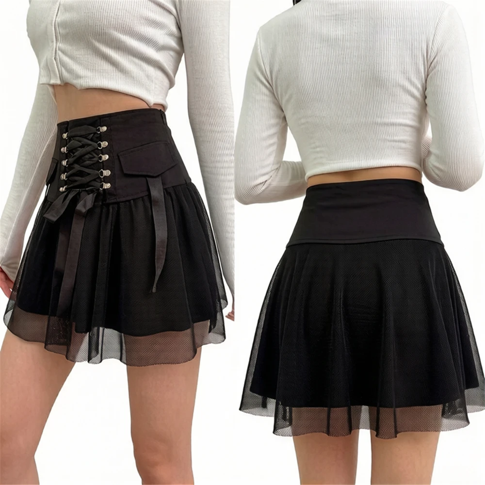 

Plus Size Goth Vintage Skirt Dark Straps Female Punk Style Ladies Harajuku mesh Streetwear Black Sexy High Waist A-Line Skirt