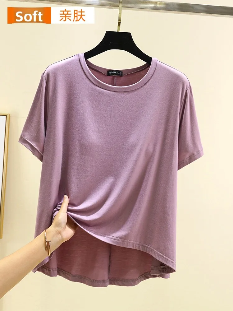 Modal rond Ne Svel T-irt femmes été mince décontracté grande taille sans soutien-gorge Base irt juillet cerf loisirs Sle ort Sve