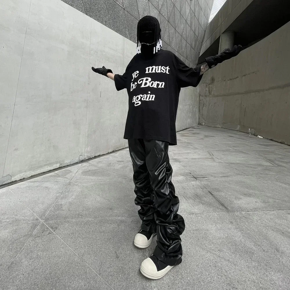 RHNDE pantalones de cuero plisado para hombre, pantalones de cuero de motocicleta, ropa de calle, pantalones de cuero de imitación, HIP HOP