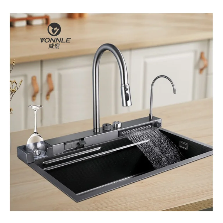 New popular kitchen stainless steel sink Modern kitchen workstation stainless steel digital display faucet sink