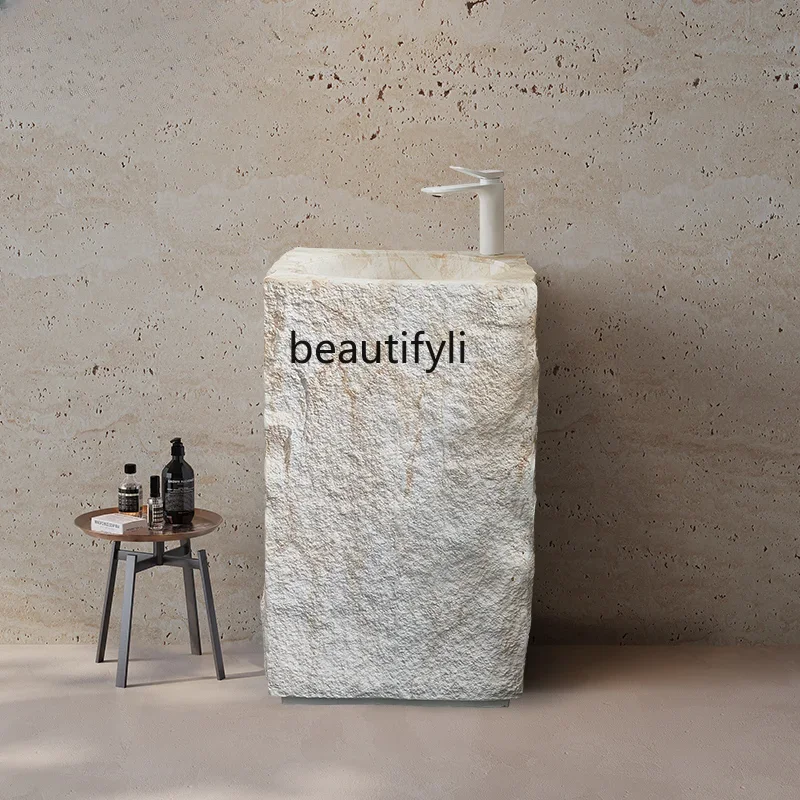 

Cream Style Pedestal Basin Integrated Floor-Type Cave Stone Sink Marble Stone Pattern Wash Basin