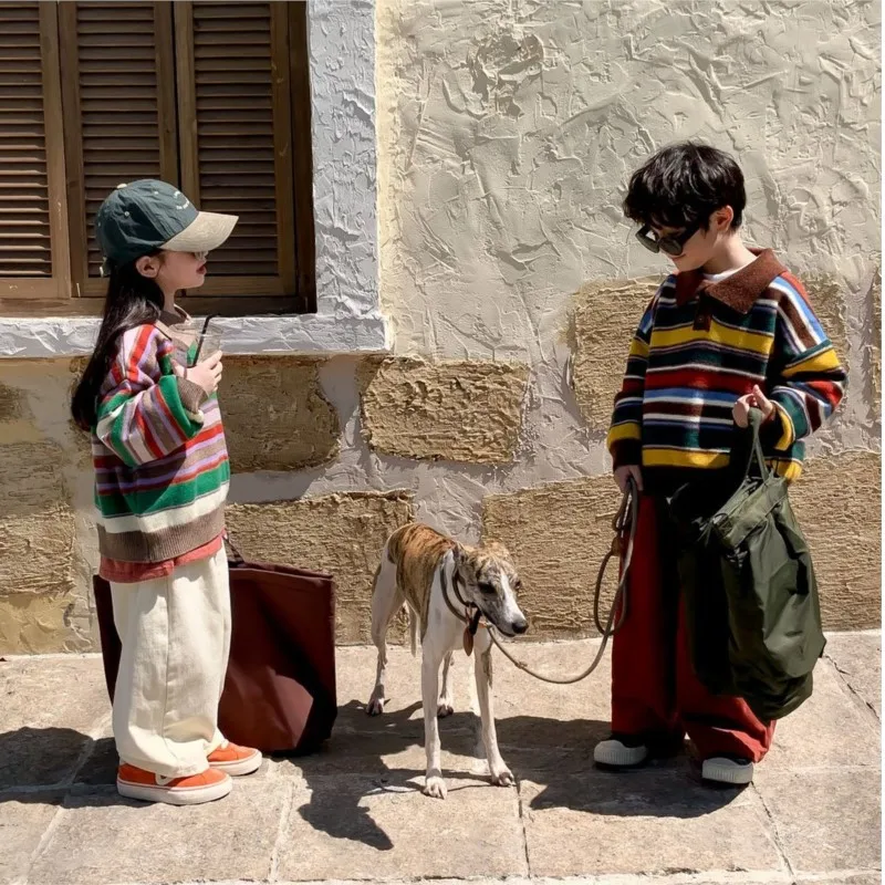 RAISE Spring 2026 Children Boys 2PCS Clothes Set Striped Knitted Turn Down Collar Sweater Loose Cotton Pants Babys Boys Outfits