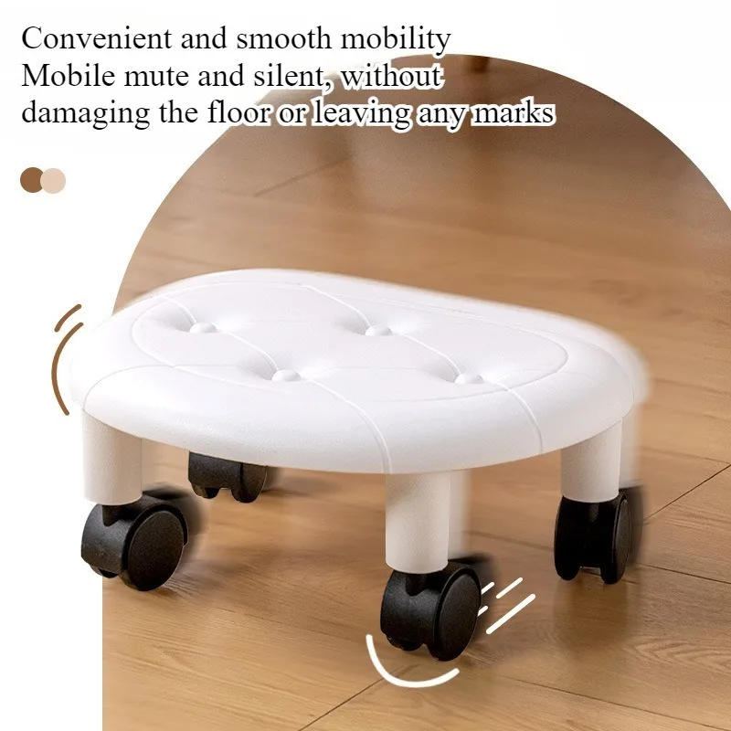 Banquinho baixo de imitação de couro com rodas, moderno e simples, para quarto, banquinho de plástico com rodas para uso doméstico, sala de estar, banquinho infantil pequeno.